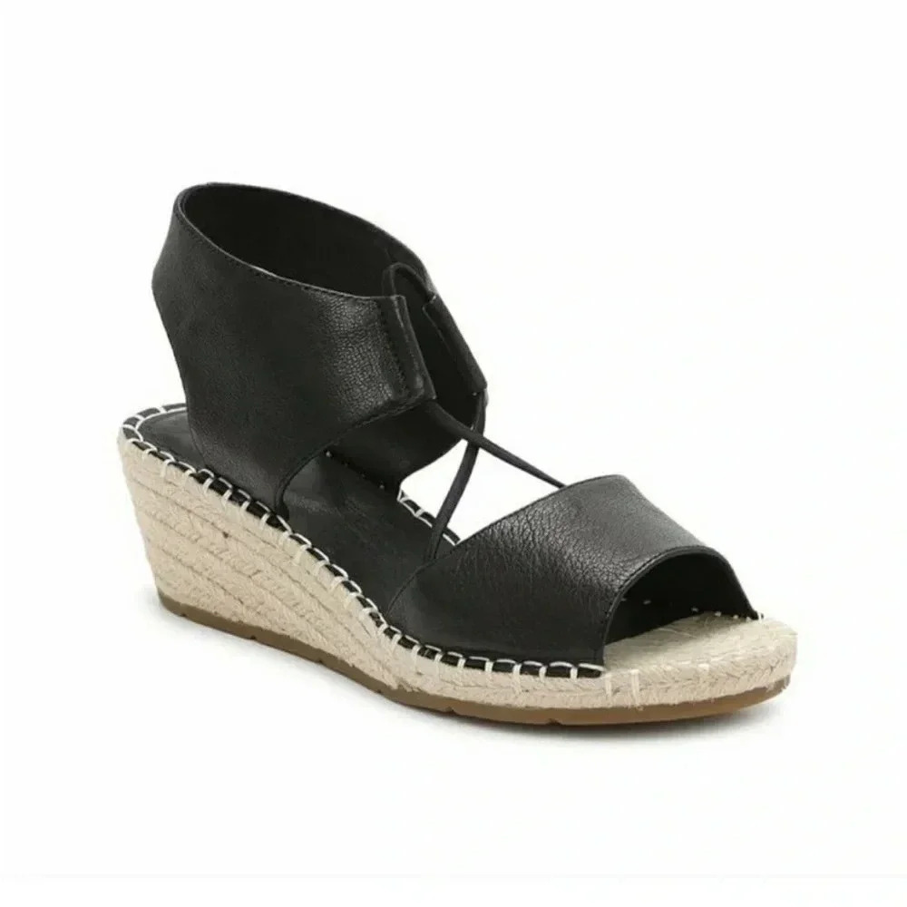NEW Eileen Fisher Black Leather Agnes Espadrille Wedge Sandal Women's Size 11